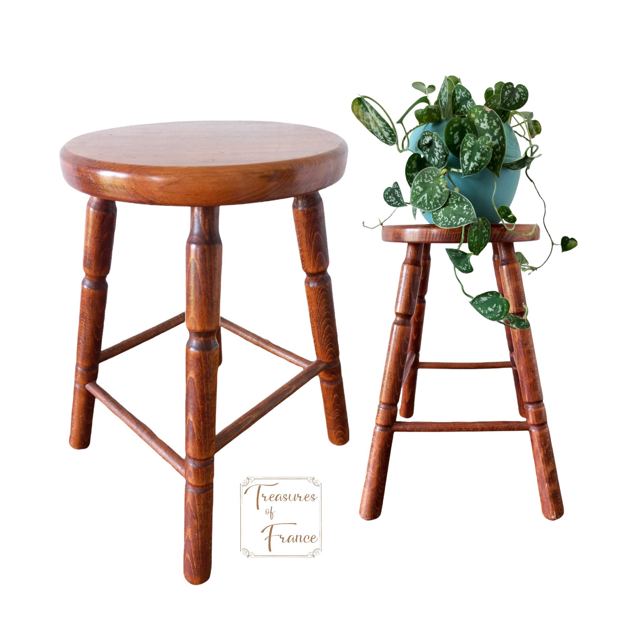 Vintage French Traditional Stool Small Wooden Brown Wood Small Stand  Display Plinth Plant Pot Tabouret Three Legs Tripod C1940-50's / EVE 