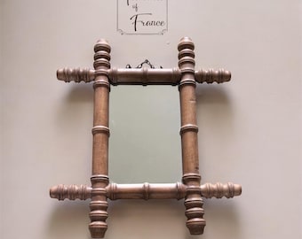 Piccolo specchio da parete antico in legno, stile finto bambù, specchio tornito in legno, specchio decorativo da appendere, ideale per bagno, guardaroba, corridoio, regalo, anni '30 circa.