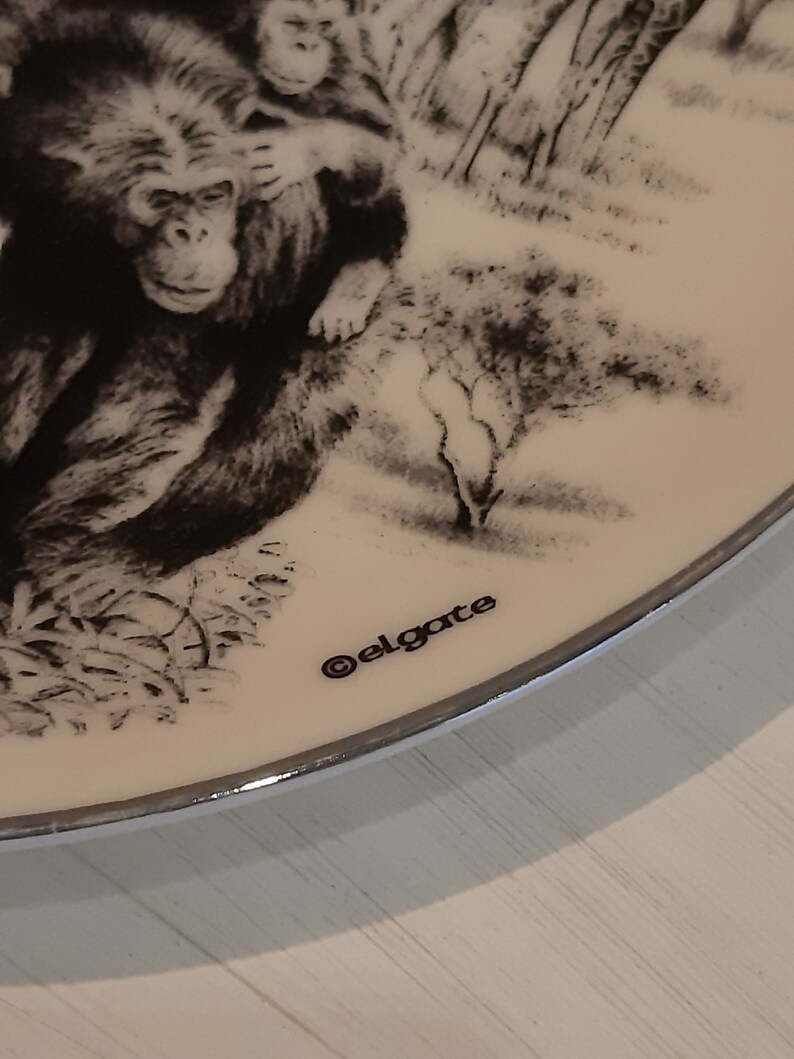 Vintage Fine Porcelain Elgate Plate Beautiful Safari Scene Animal Illustrations Lion Elephant Giraffe Monkeys African Decor Circa 2000