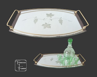 Vintage French Rare Engraved Mirror Tray Golden Metal  Serving Drinks Tray  Display Ornament Vanity Tray Shabby Chic Circa 1950’s