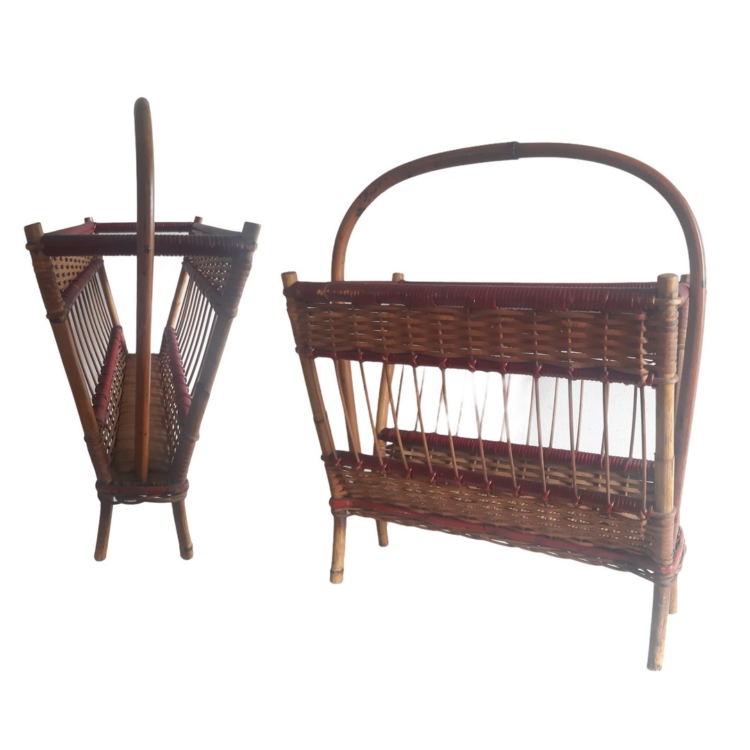 Vintage Bamboo Wicker Magazine Rack – Boho Living Room Storage Holder ...