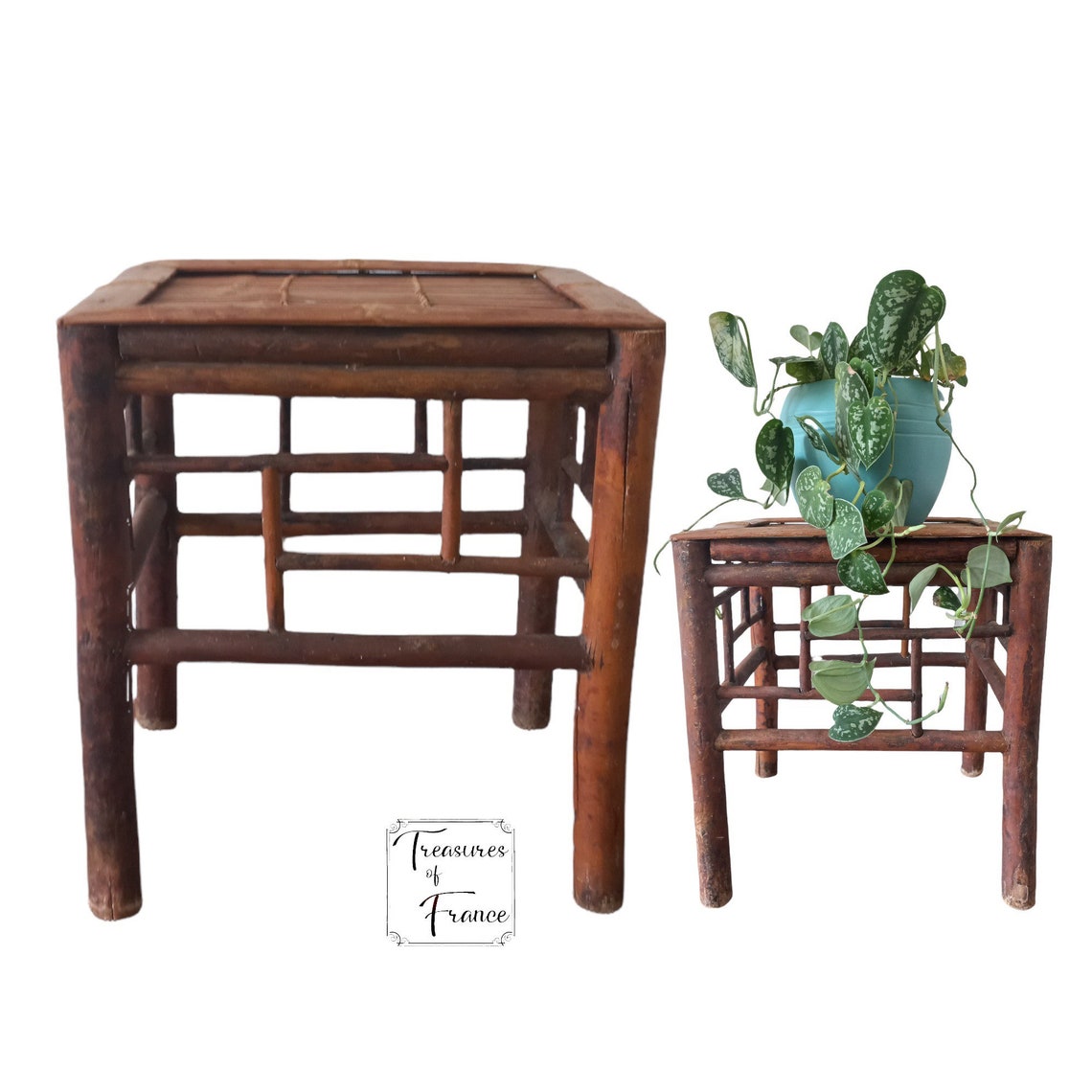 Antique Chinese Bamboo Top Side Table – Circa 1920s Wood Furniture, Foto 1 von 5