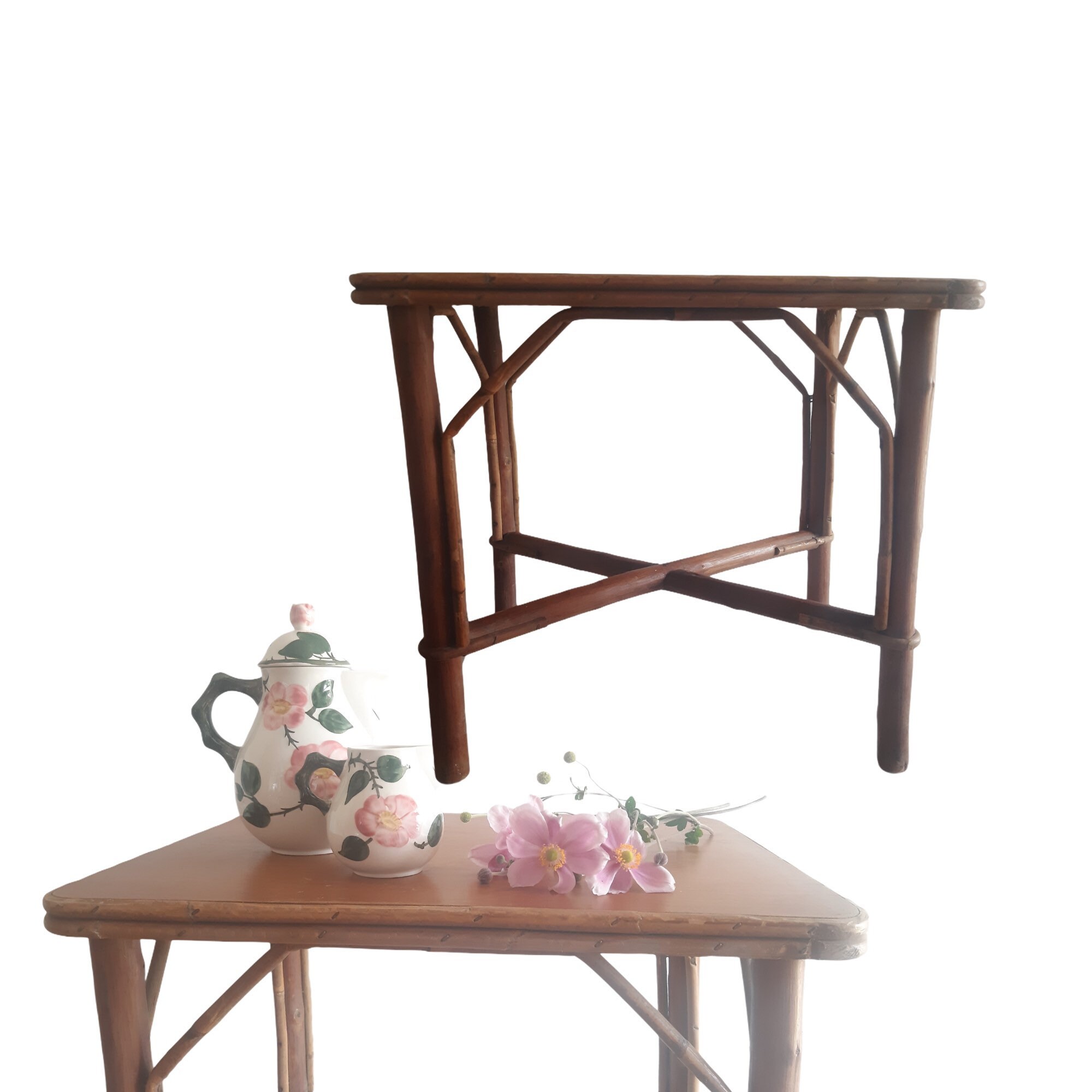 Vintage Français Bambou /Canne et Table en Bois/Table d'étagère avec Latérale Boho Rétro Decor Proje