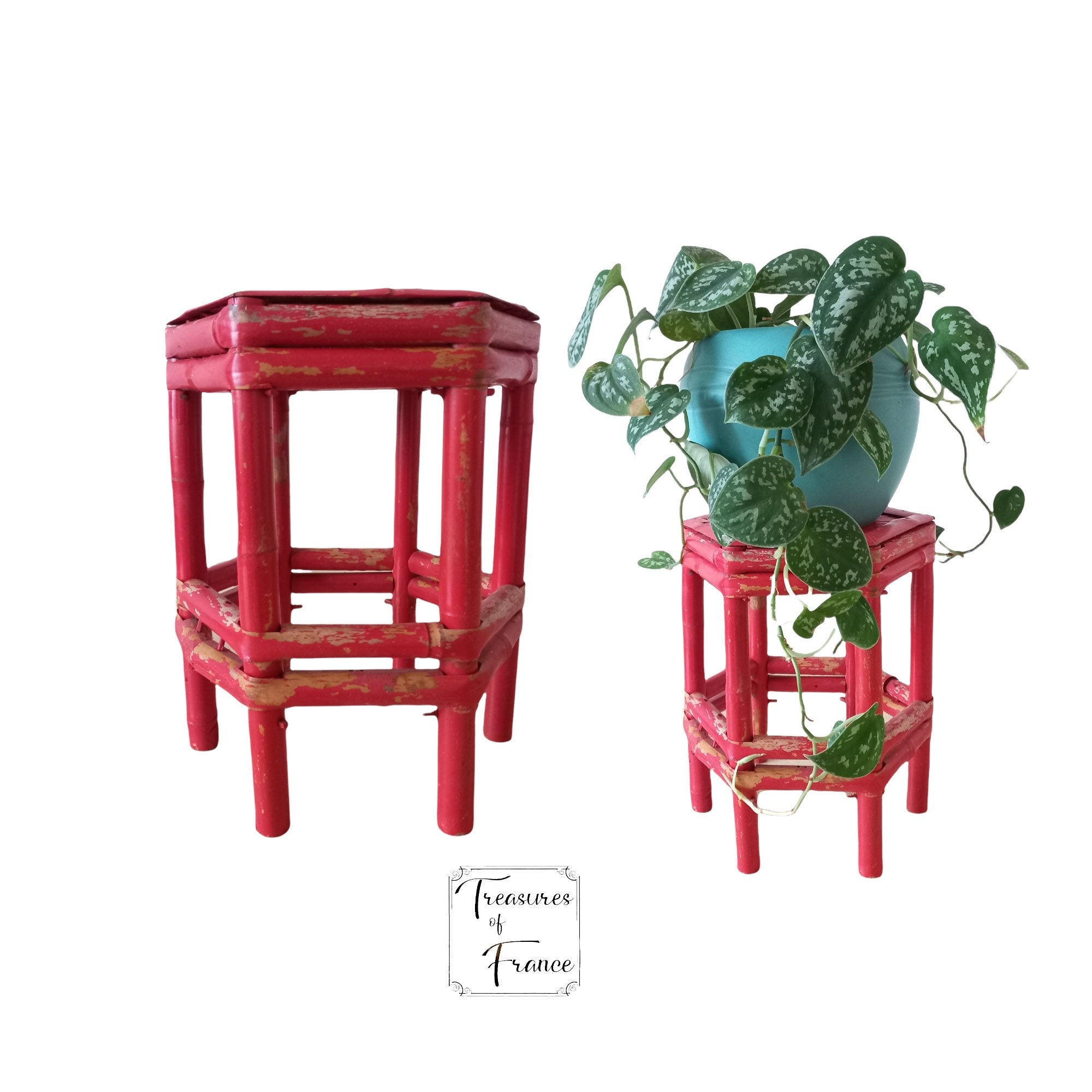 Vintage Asiatique Petit Hexagonal en Bambou Stand Peint Rouge Table d'appoint Plante Boho Retro Deco