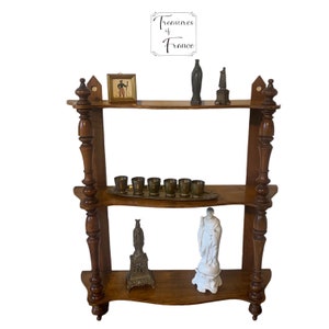 Vintage Rare Cherry Wood Wallhanging Tiered Shelf Unit Two Turned