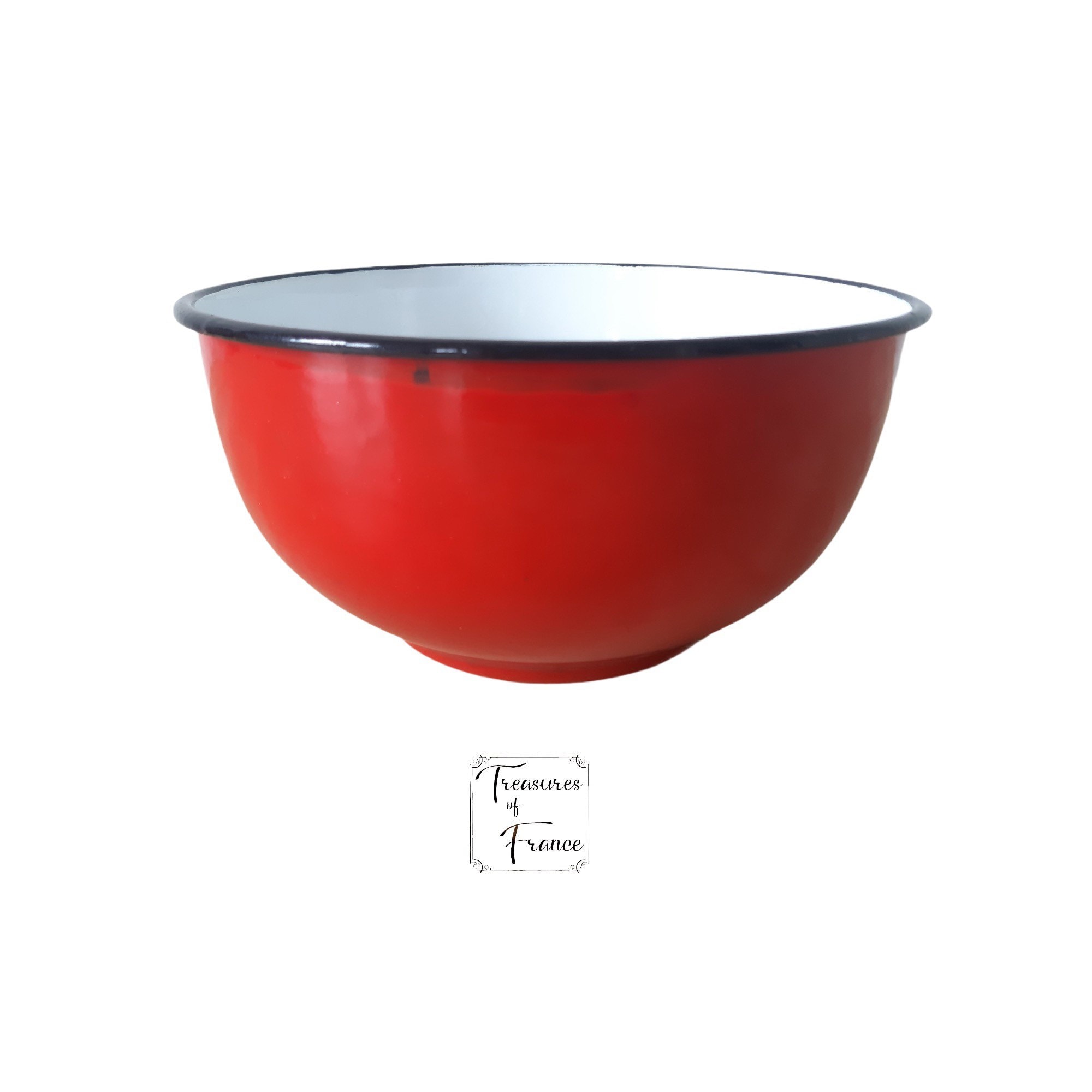 Vintage Red Enamel Pot avec Blanc Intérieur Cuisine Utilitaire Japy Ferme Émail Doser Bol Ustensiles