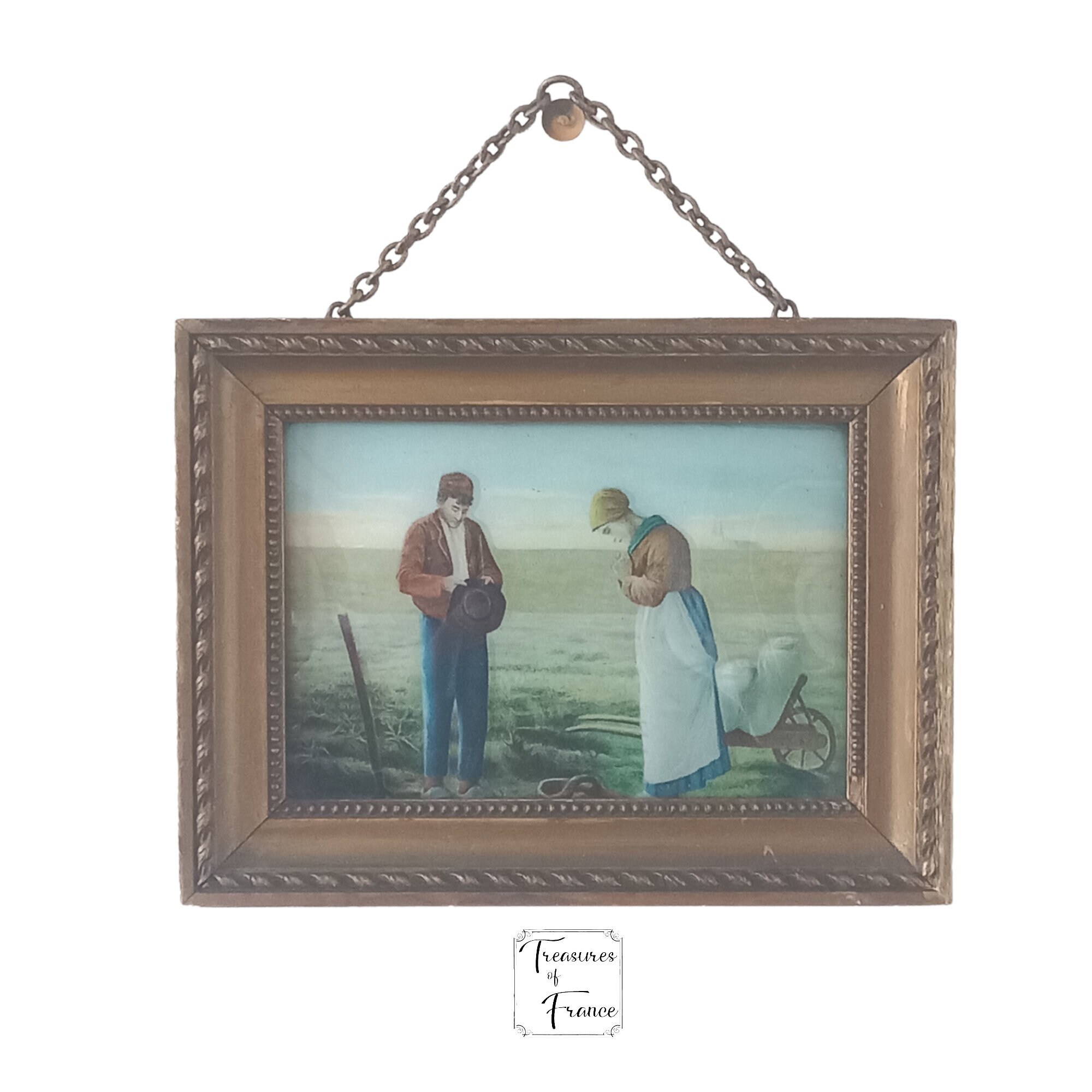 Antique Rare L'angelus de Millet Cadre Photo Convexe Dôme Verre Colorisé Impression Collectible Doré