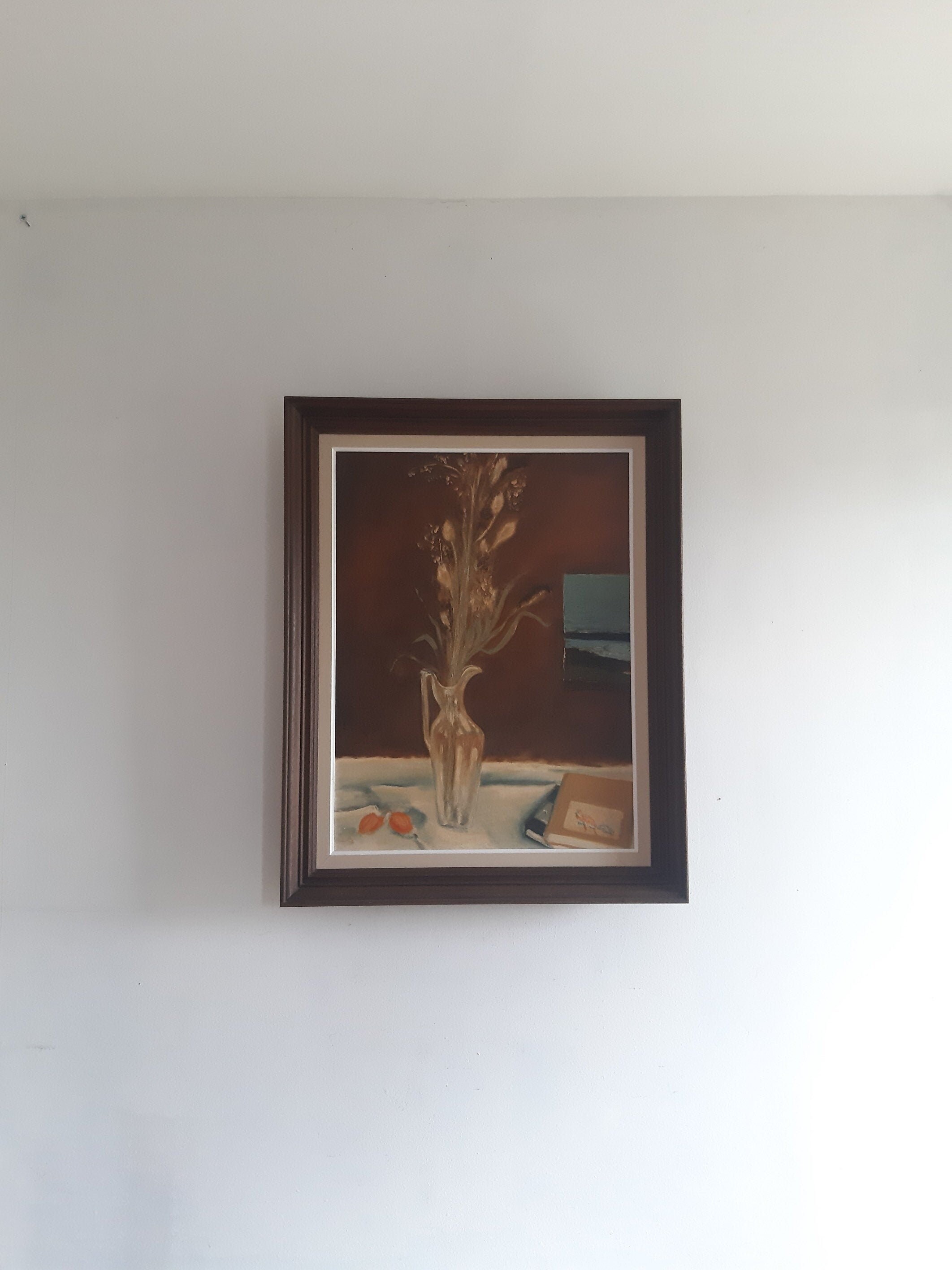 ヴィンテージオリジナル油絵、ポリエステルキャンバス、花瓶の静物画