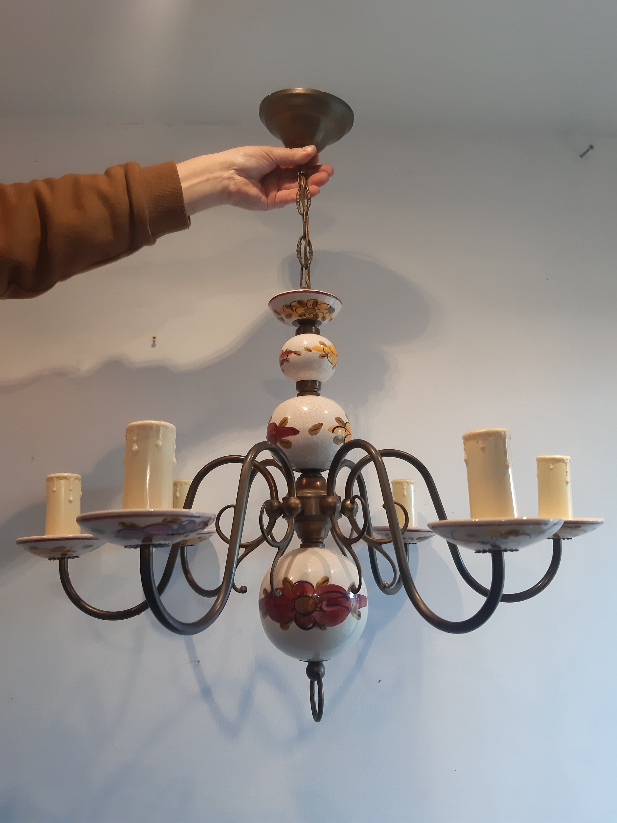 Vintage Country Kitchen Chandelier Brass and Ceramic With 6 | Etsy