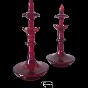 Antique Rare Pair Small Bohemian Ruby Glass Decanter Parfum Container Engraved Bottle Decanter Vine Leaves grapes Engraving Gift  Circa1900