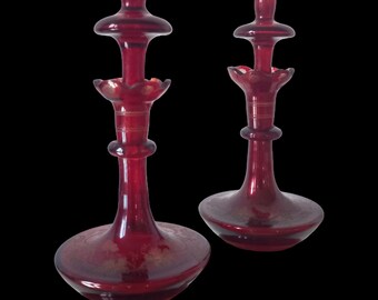 Antique Rare Pair Small Bohemian Ruby Glass Decanter Parfum Container Engraved Bottle Decanter Vine Leaves grapes Engraving Gift  Circa1900
