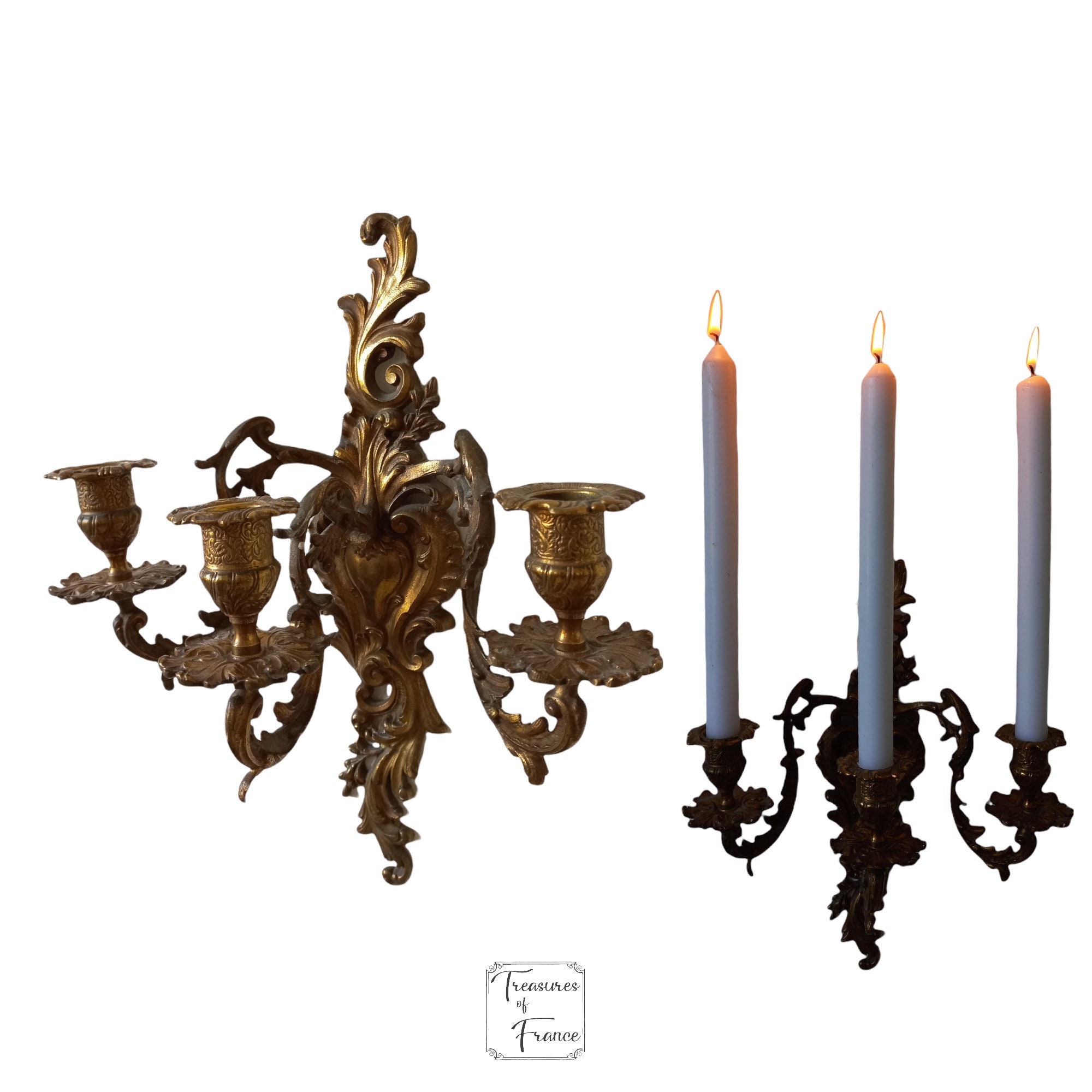 Français Antique One Cast Bronze Doré Ormolu Brass Wall Sconce Candelabra 3 Bras Élégant Shabby Chic