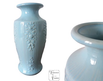 値下げしました。 青と灰色の釉薬の陶器花瓶 西ドイツの陶器の花瓶 - 斑点のある青灰色の釉薬と黄色の内側 (4.75