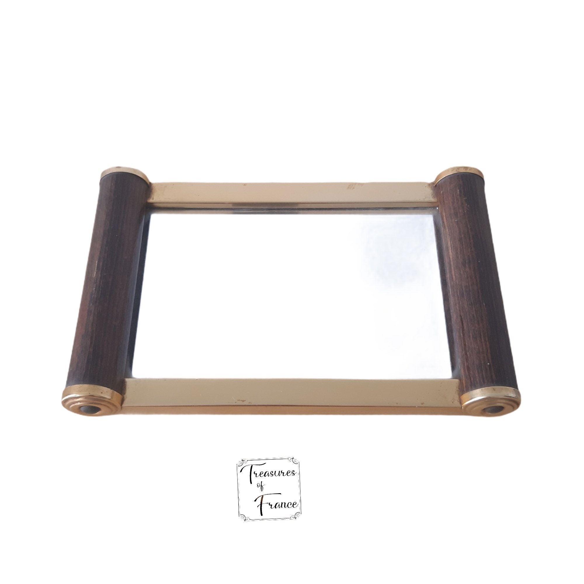 Vintage Small Français Art Déco Styled 1950's Mirror Tray Brass Wood Serving Bathroom Prop Bedroom T
