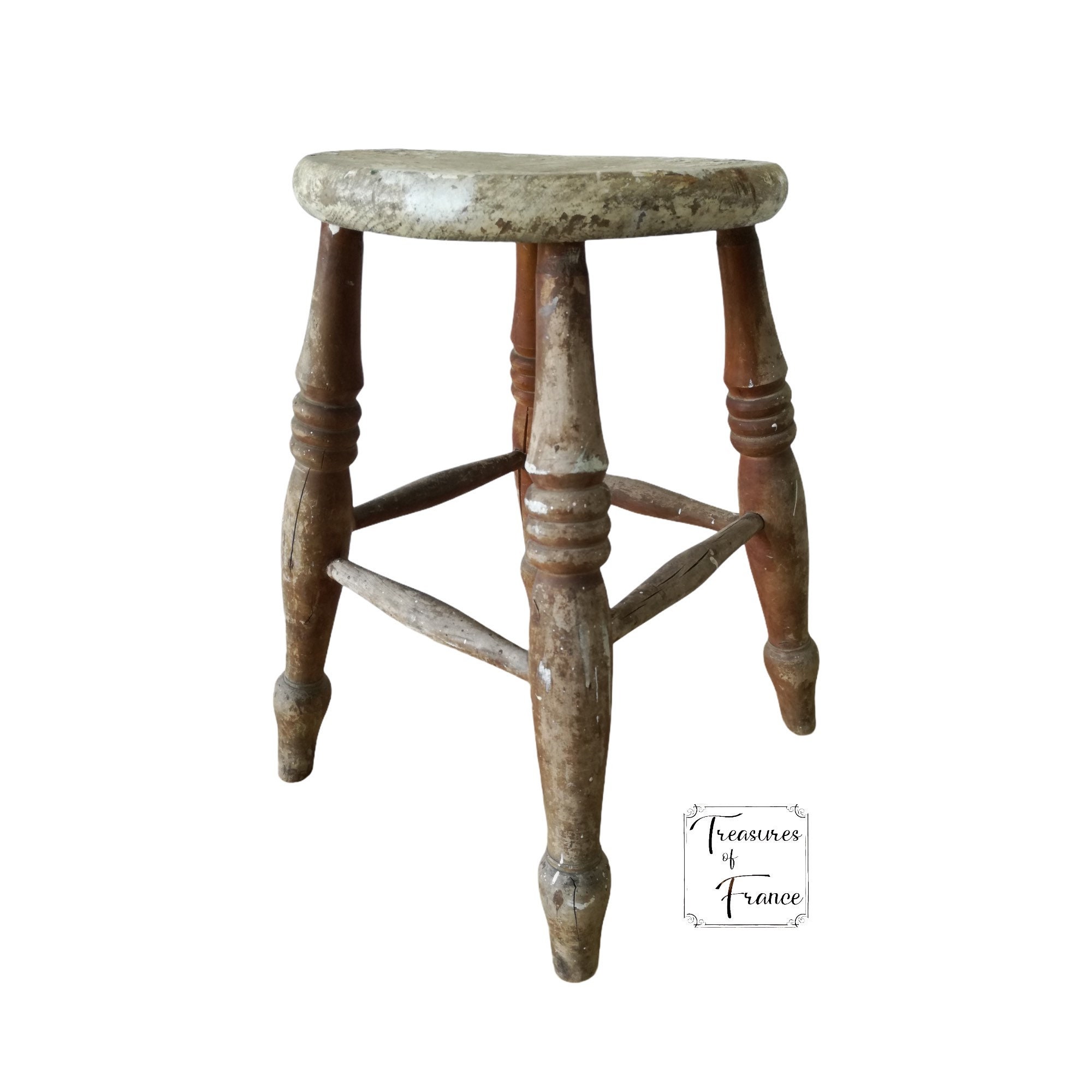 Vintage Français Trouvé Tabouret Rond Shabby Peint Atelier Battu Studio Prop Circa 1950-1960