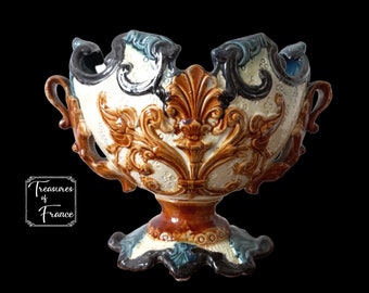 Antique French Majolica Decorative Jardiniere Cache Pot Barbotine Plant Holder Planter Glazed Earthenware Onnaing Circa 1900’s