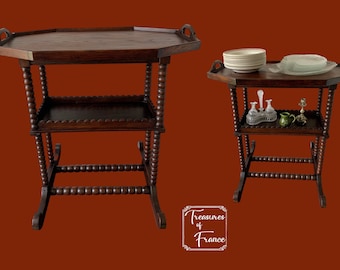 Antique Rare Unique Serving Table Bobbing Legs Wooden 2 Tiered Side Table Stand Ornament Display Kitchen Furniture Props Rustic Circa1930’s