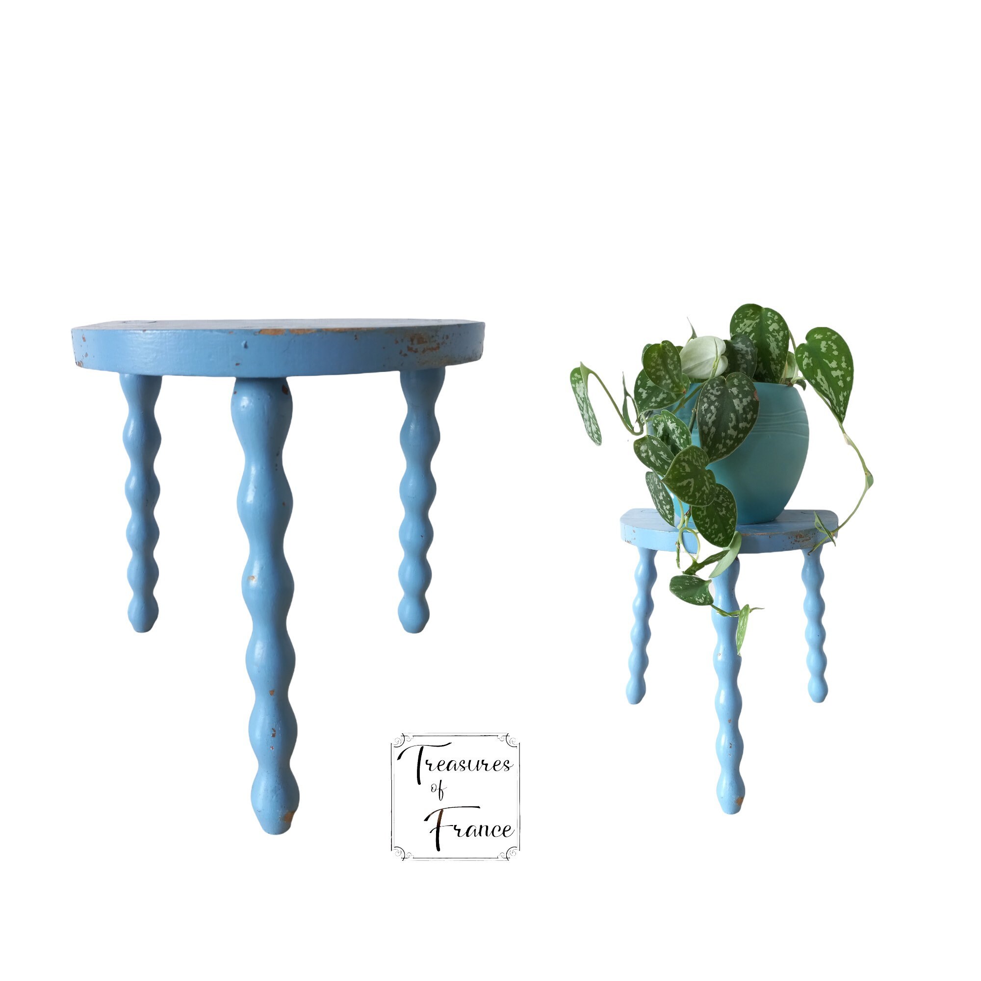 Tabouret Vintage Repeint Trépied Bleu D Tabouret en Bois Siège Plant Pot Ornement Affichage Chambre 