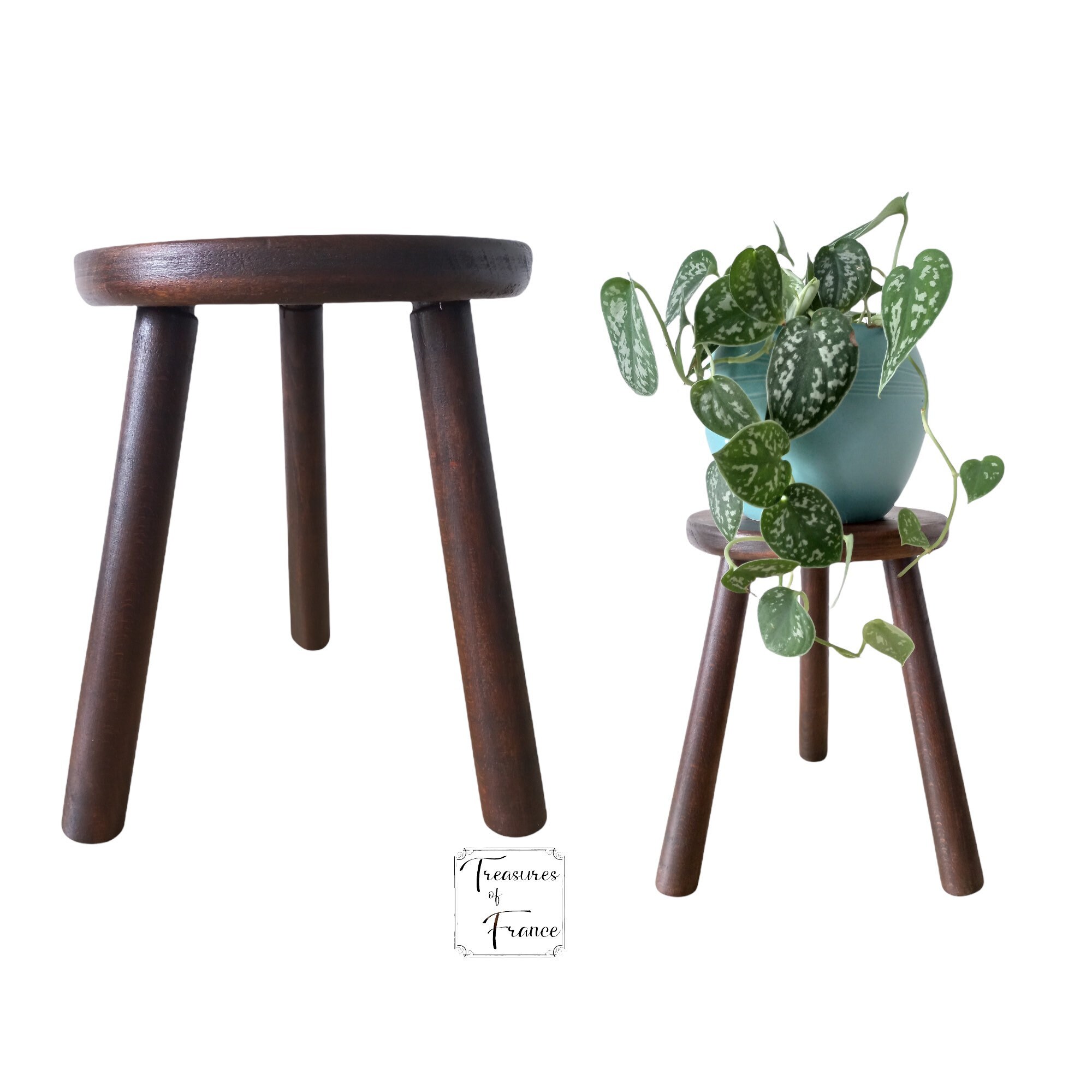 Vintage Rond en Bois Trois Pattes Tabouret Vernis Foncé Meubles Ferme Plante Siège Décor Rustique Pr