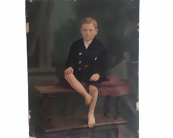 Antique Rare Oil Painting Over Photography End 19th Century Young Boy Portrait Historical Painting Collector Heritage Value Circa 1880’s
