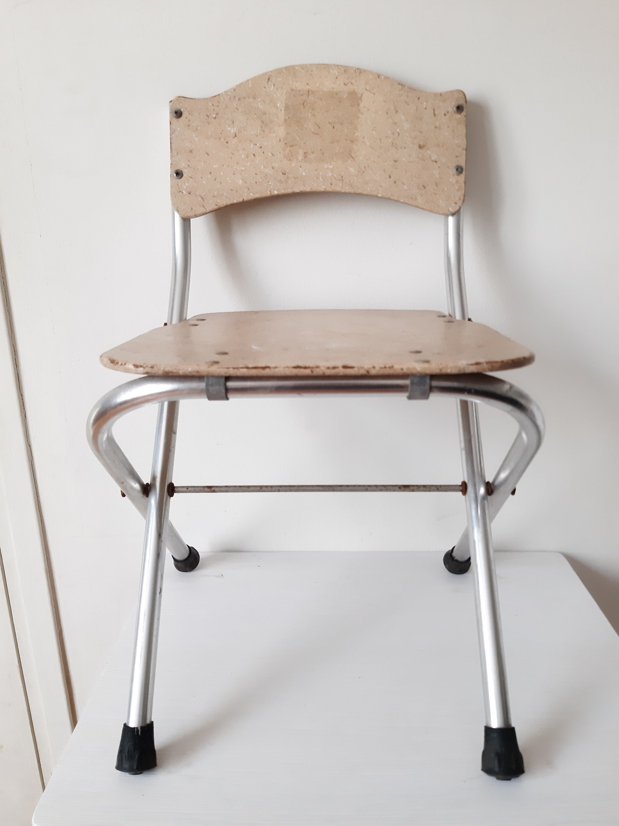 Chaise d'enfant Vintage en Métal et Bois Fauteuil Pliant Enfants d'école Chaise Industrial Decor Hom