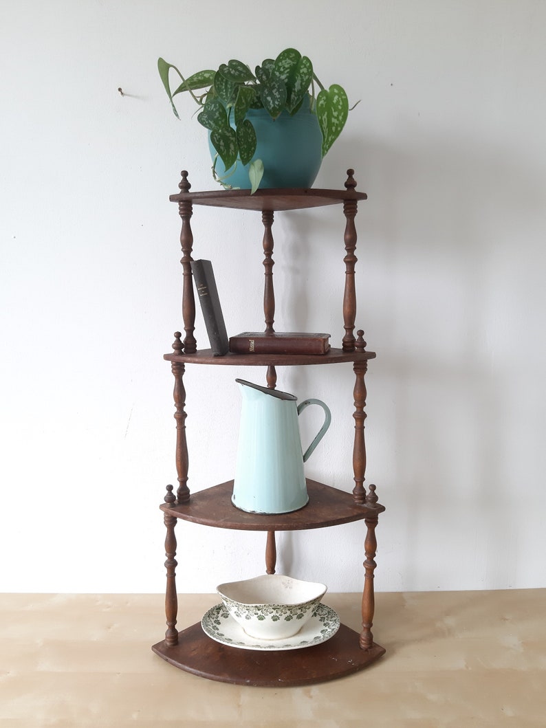Antique Wooden Corner Shelf 4 Tiered Corner shelf storage Unit Etsy