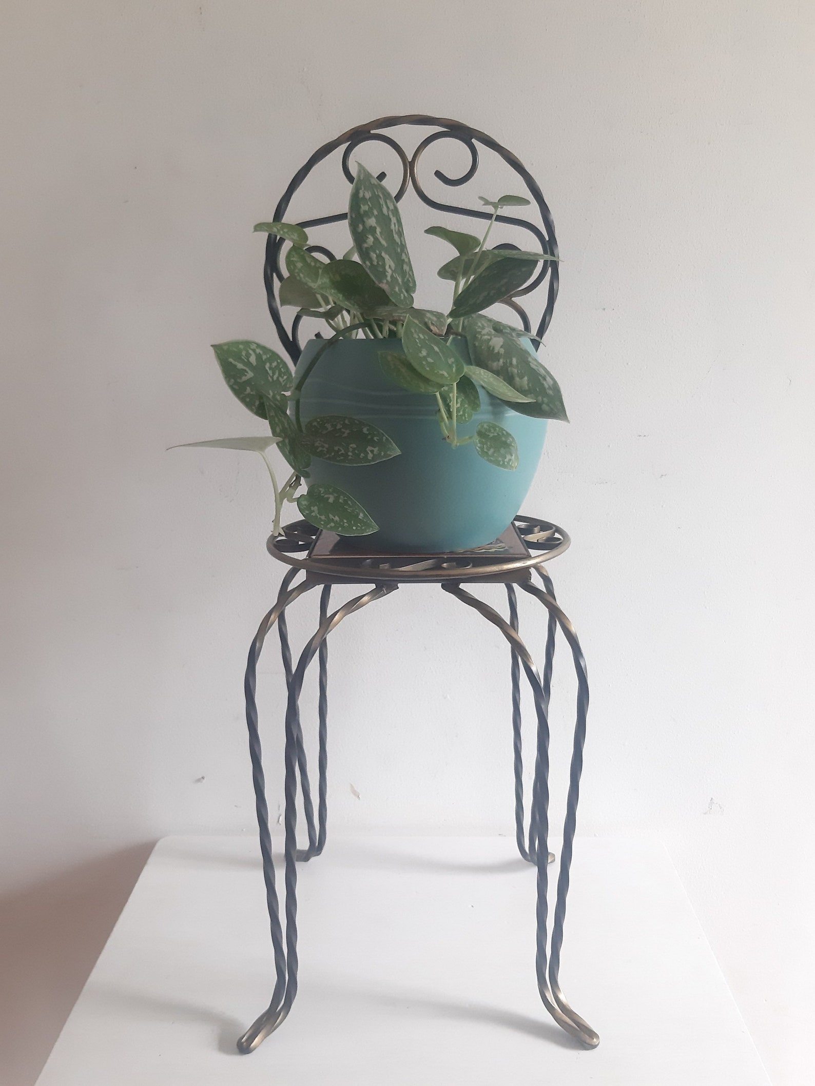 Vintage French Plant Stand Wrought Iron Chair With Tiled Seat Etsy