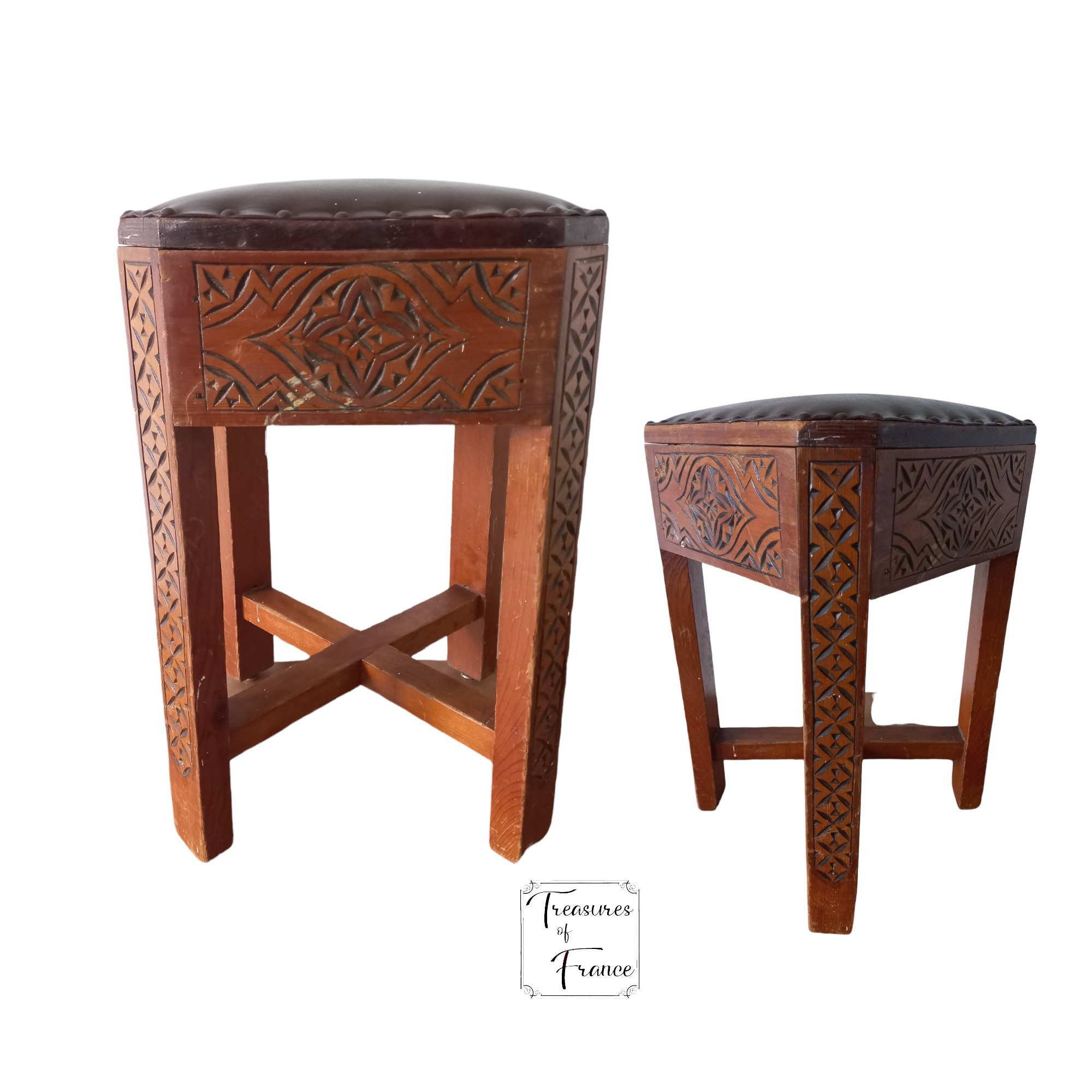 Vintage Rare Tabouret Marocain Authentique Fait Main Bois Sculpté Maroquin Siège 4 Pattes Shabby Chi