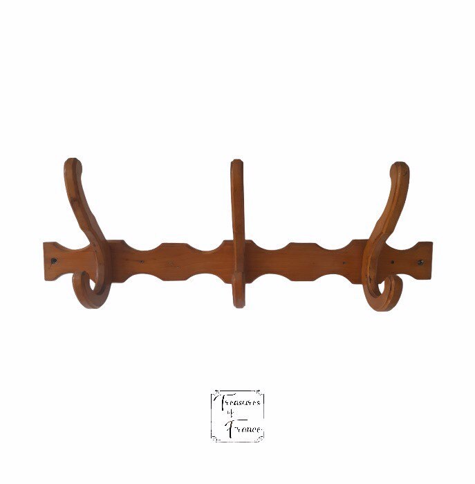 Vintage Français Bois 3 Peg Hanging Rack Manteau Cintre Mur Crochet Porte-Manteaux Chevilles en Bois