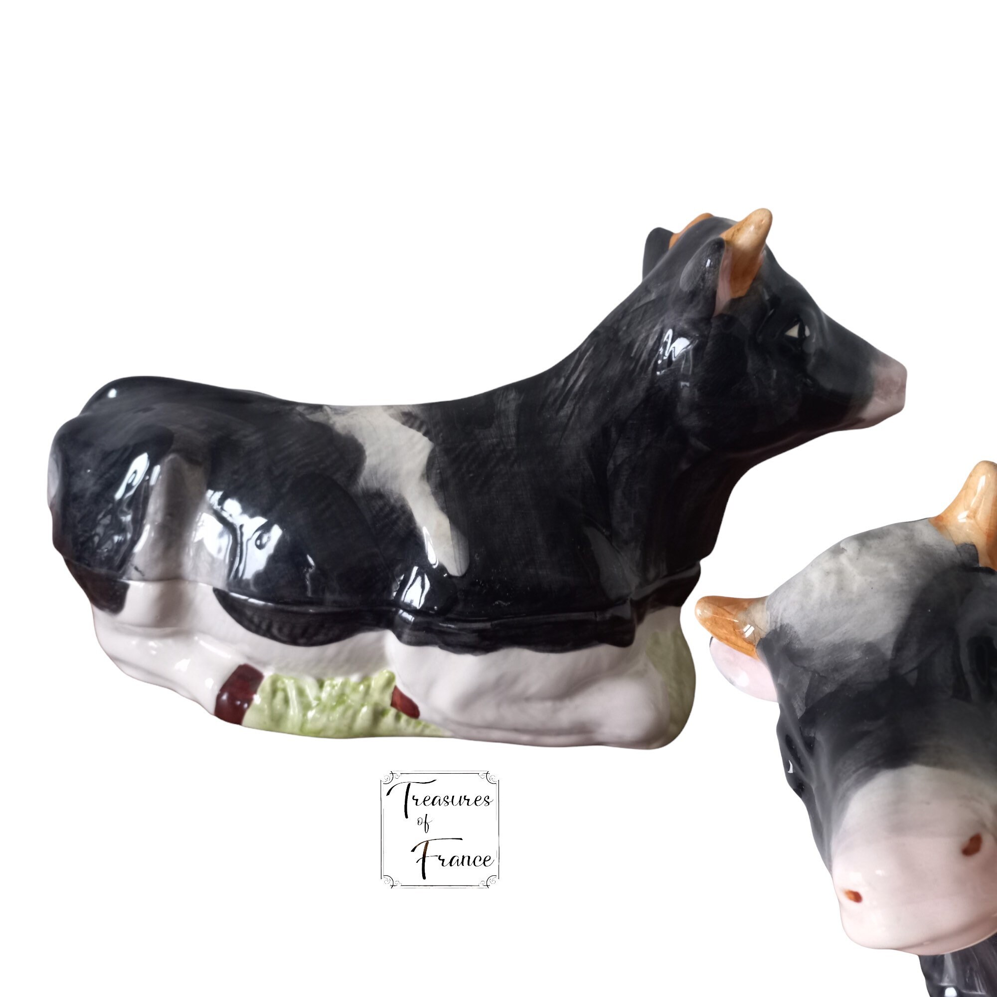 Vintage Majolica M Caugant Céramique Vache Terrine Plat avec Couvercle Country Kitchen Ornement Coll