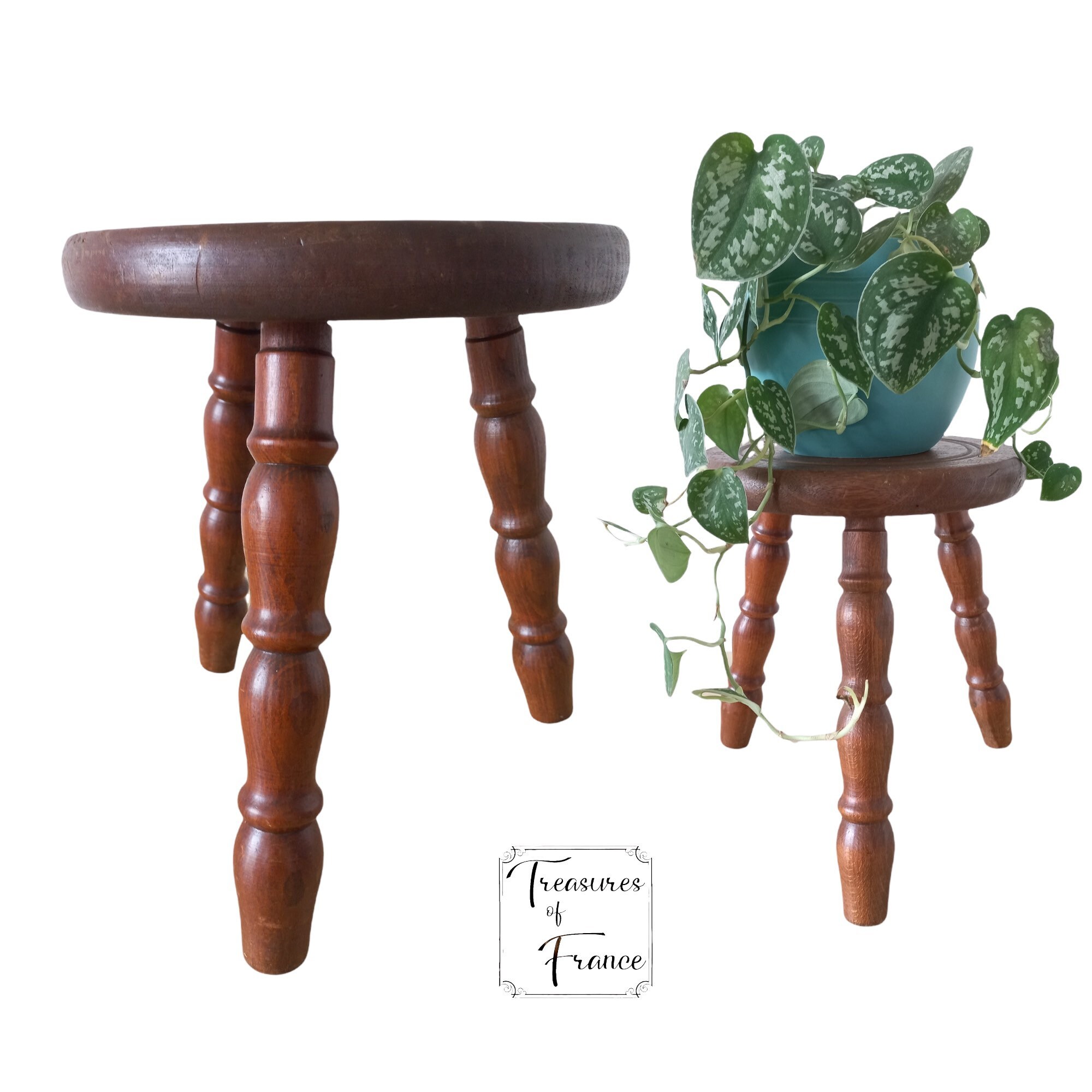 Vintage Français Tabouret en Bois Marron Bois Naturel Moyen de Traite Style Stand Présentoir Repos P