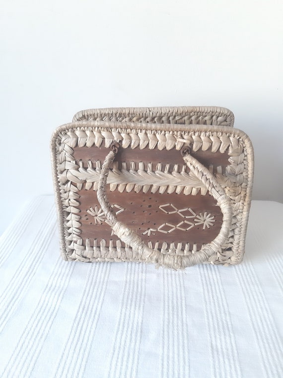 Vintage Wooden and Raffia Basket Style Hand Bag U… - image 3