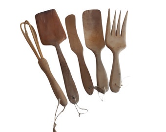 Vintage Collection 5 Wooden Utensils Carved Handmade Farmhouse Decor Kitchen Rustic Props Circa 70/80’s/ TreasuresOfFrance