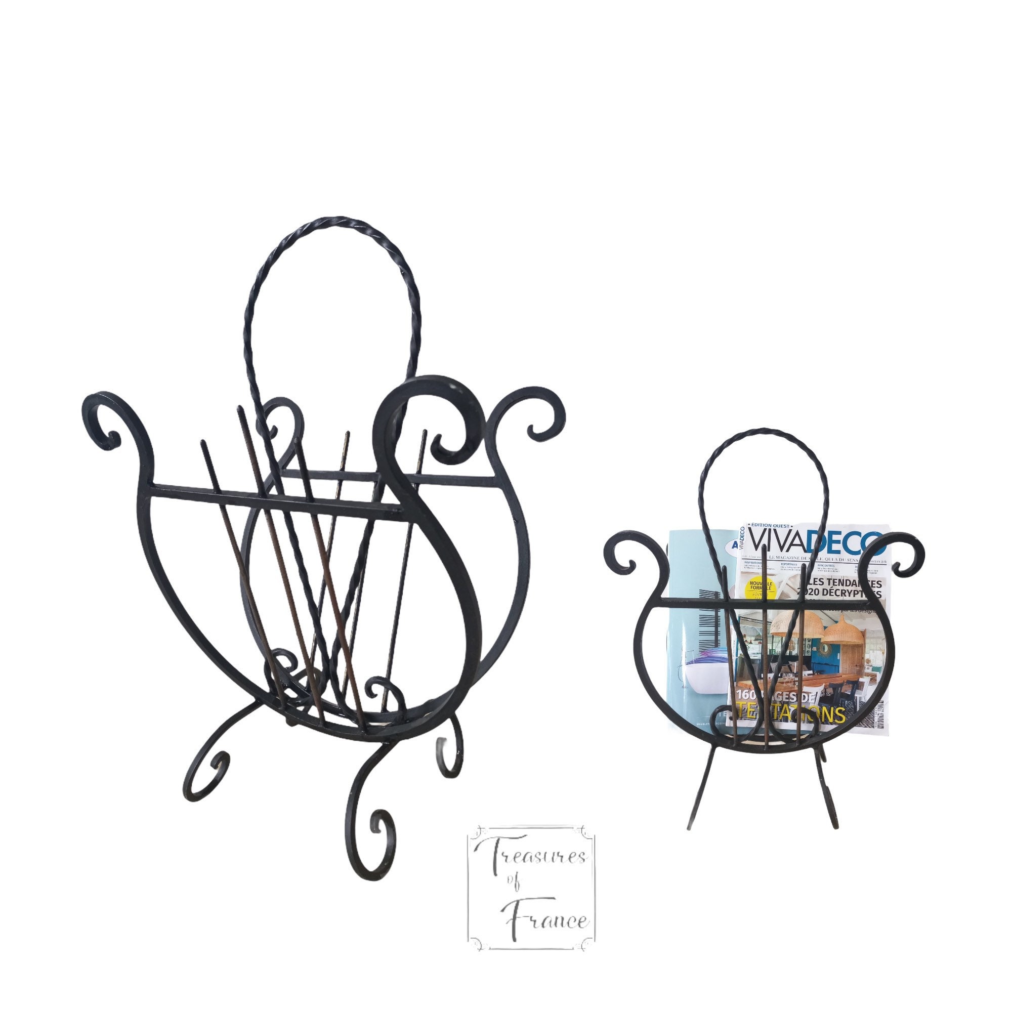 Vintage Français Trouvé Fer Forgé Magazine Holder Rack Journal Organisateur Milieu Siècle Patio Cons