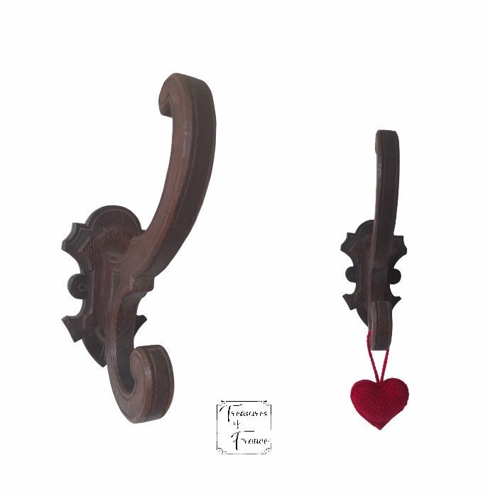 Vintage Français Manteau en Bois Cintre Crochet 2 Chevilles Sculpté Ferme Décor Rustique Accessoires
