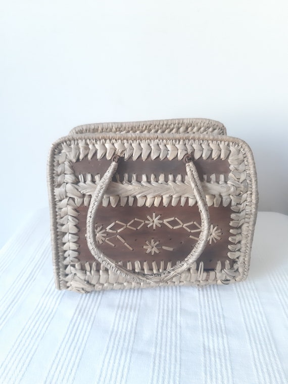Vintage Wooden and Raffia Basket Style Hand Bag U… - image 1