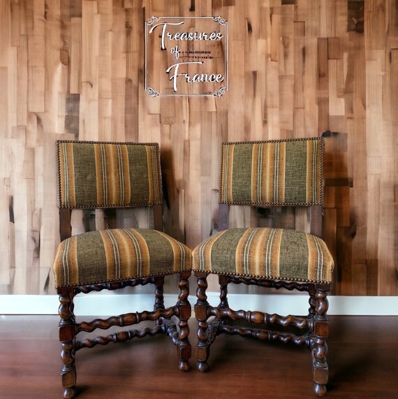 Vintage Louisxiii Style Chair Oak Wood Upholstered Stripe Chair