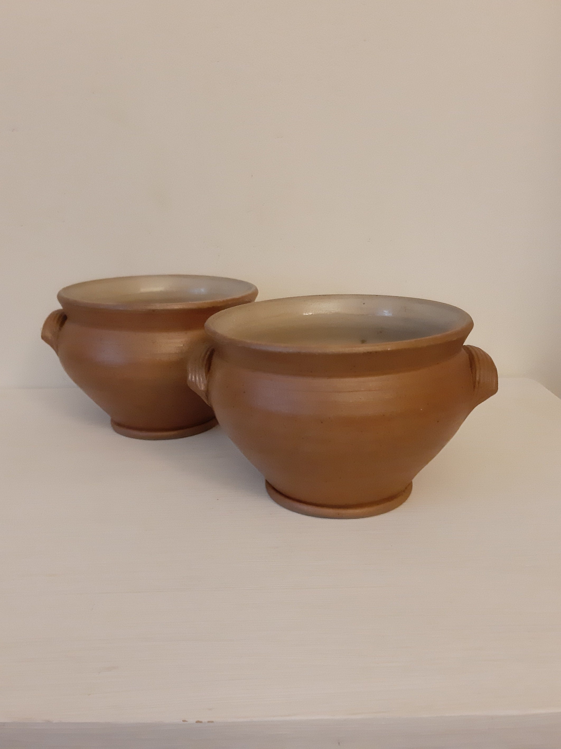 Vintage Pair Of Français Glazed Brown/Taupe Stoneware Pots Farmhouse Country House Cuisine Rustique 