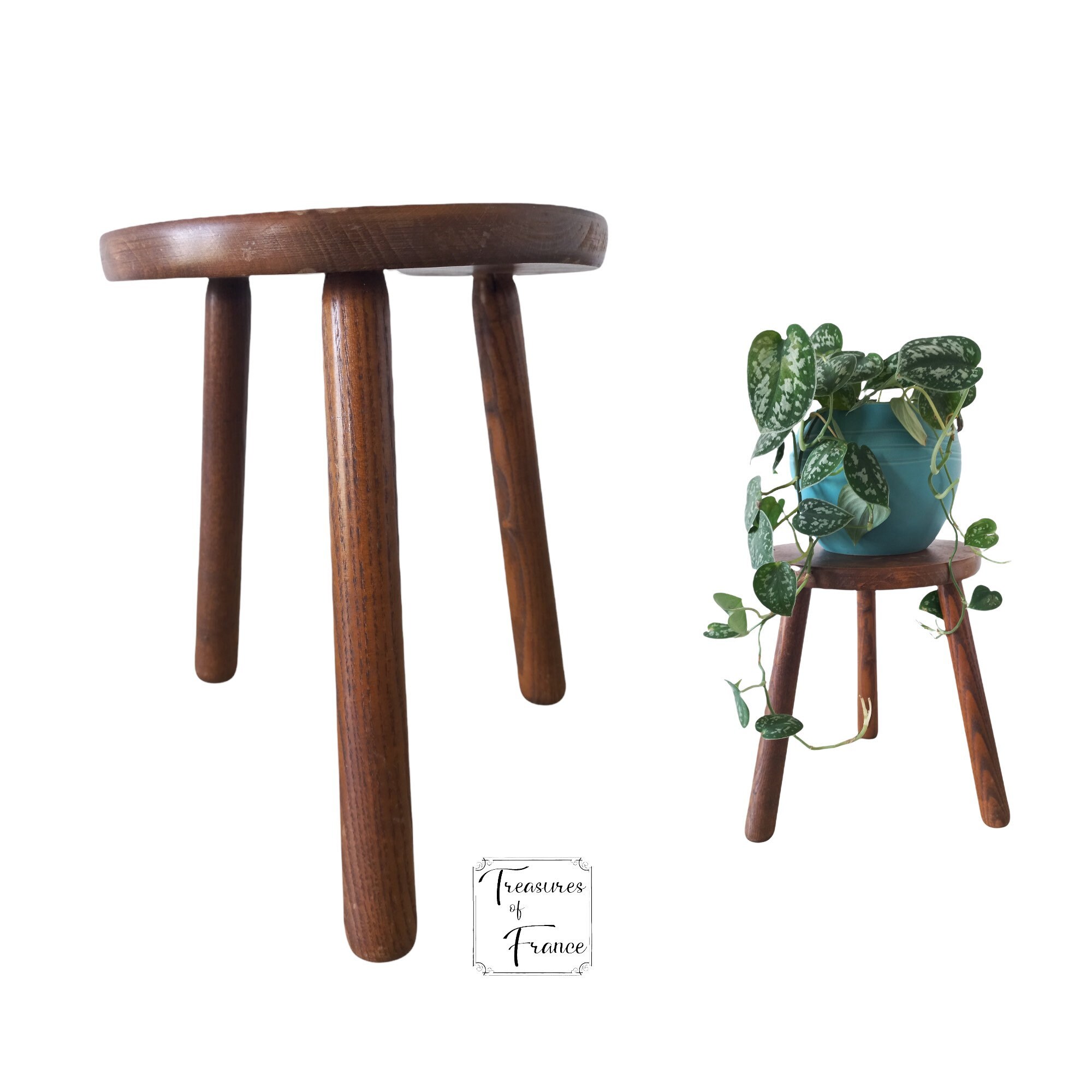Vintage Rond Bois Trois Pattes Tabouret Marronmesures Ferme Plante Siège Décor Rustique Prop de Trai