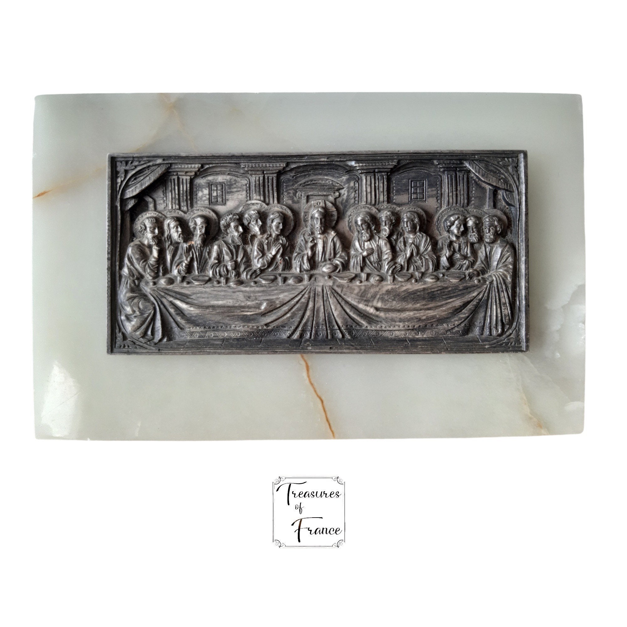 Vintage Français La Cène en Relief Métal Onyx Plaque de Pierre Stand Religieux Artefact Ornement Aff