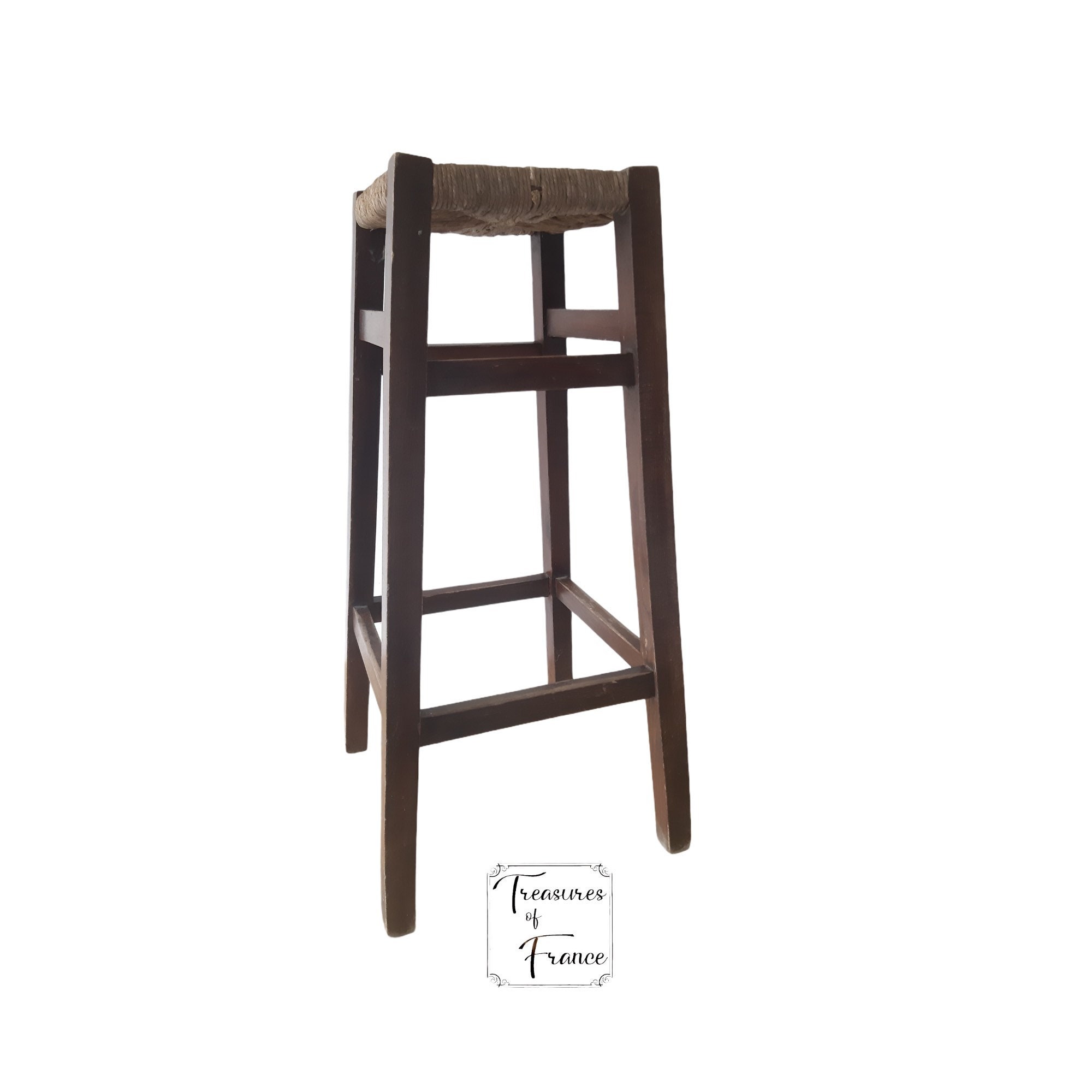 Tabouret de Bar Vintage Tabouret en Bois et Paille Français 4 Pattes Siège Plant Pot Stand Rustique 