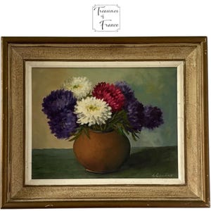 Vintage French Oil Painting Canvas Board Floral Still Life Chrysanthemums In Vase Signed A Coutin Wooden Frame Gift Cottage Decor Circa1960s