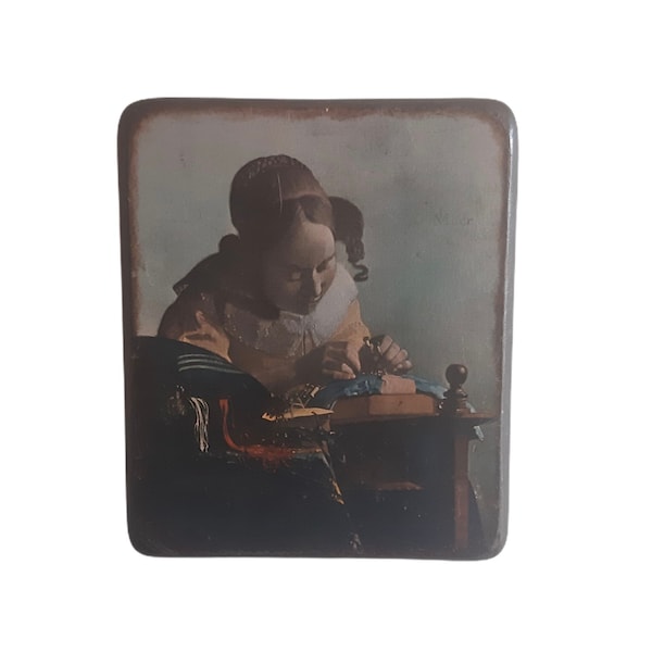 Impression vintage de la dentellière par Vermeer sur bois, décoration d'atelier murale, art collé sur bois, vernis vieilli artificiellement, cadeau vers 1970