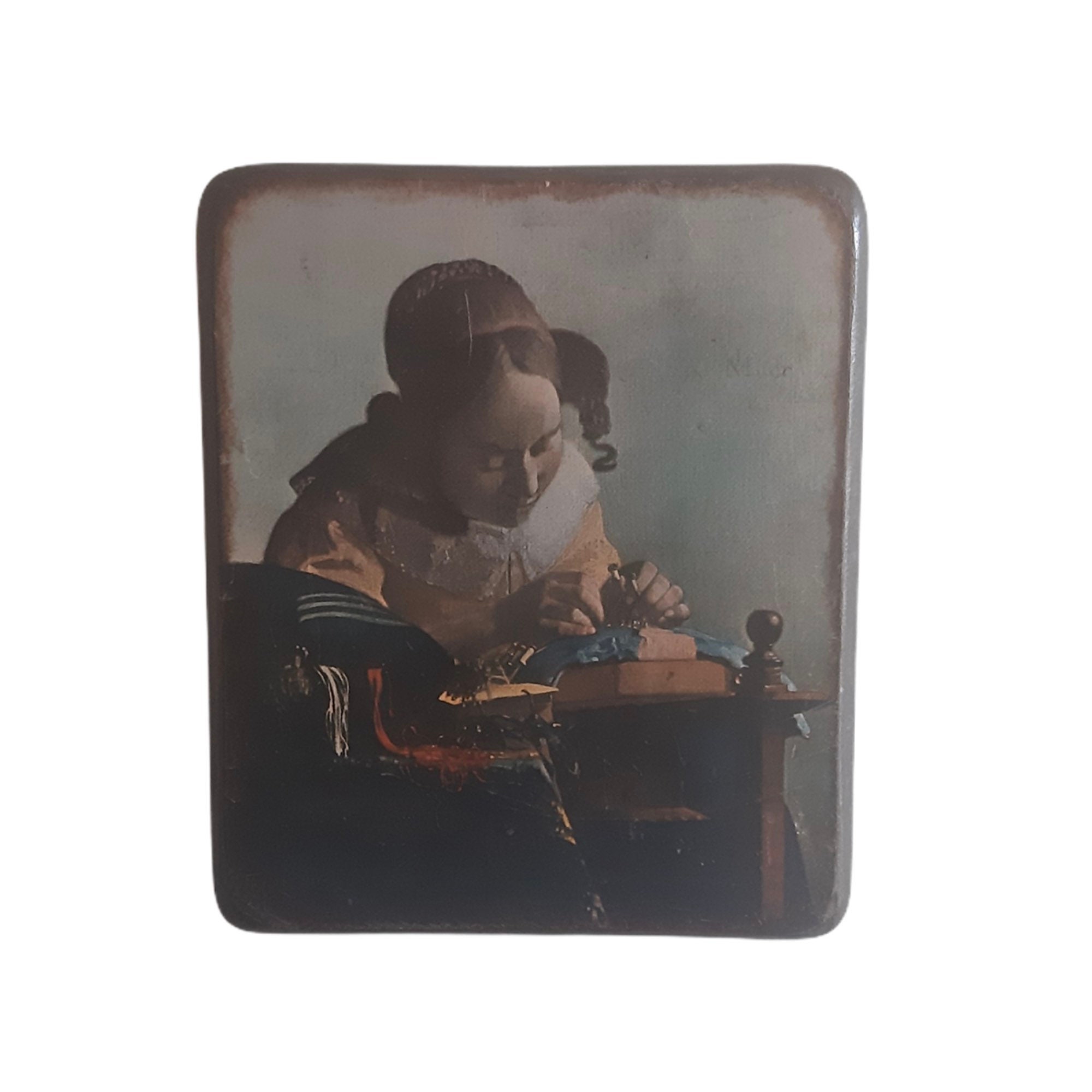 Vintage Print Of The Lacemaker Par Vermeer On Wood Wallhanging Art Glued Artificially Aged Varnished