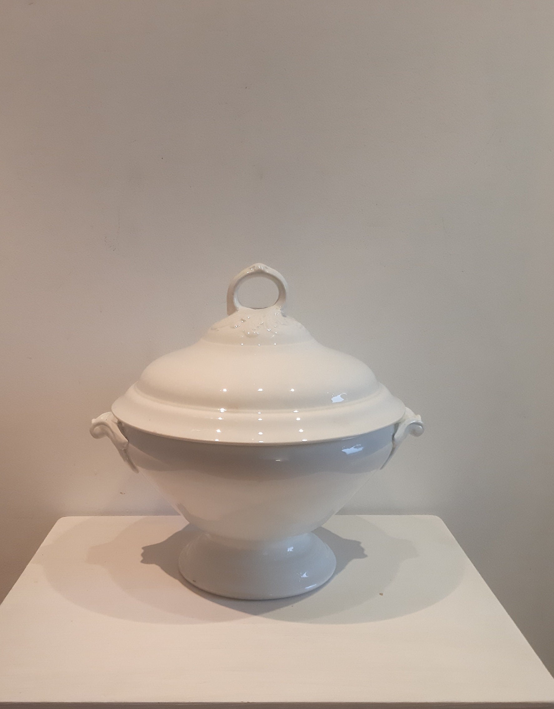 Antique Large Français Tureen By Luneville 1900's White Ironstone Soupière Antique Bowl With Lid Dec