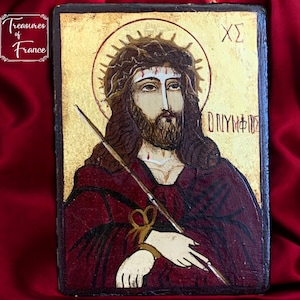 Vintage Religious Icon Handpainted Jesus Christ Crown of Thorns Holy Icon Byzantine On Wood  Orthodox Icon Christianity Circa 1990’s