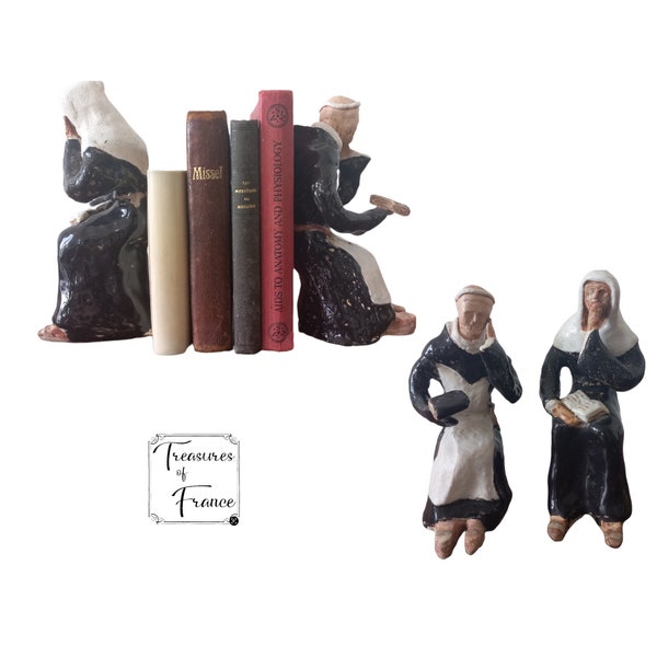 Sculpture unique faite main en poterie moine nonne serre-livres argile grise émaillée finition rugueuse art folklorique Bretagne étagère bureau décor à collectionner vers les années 1980