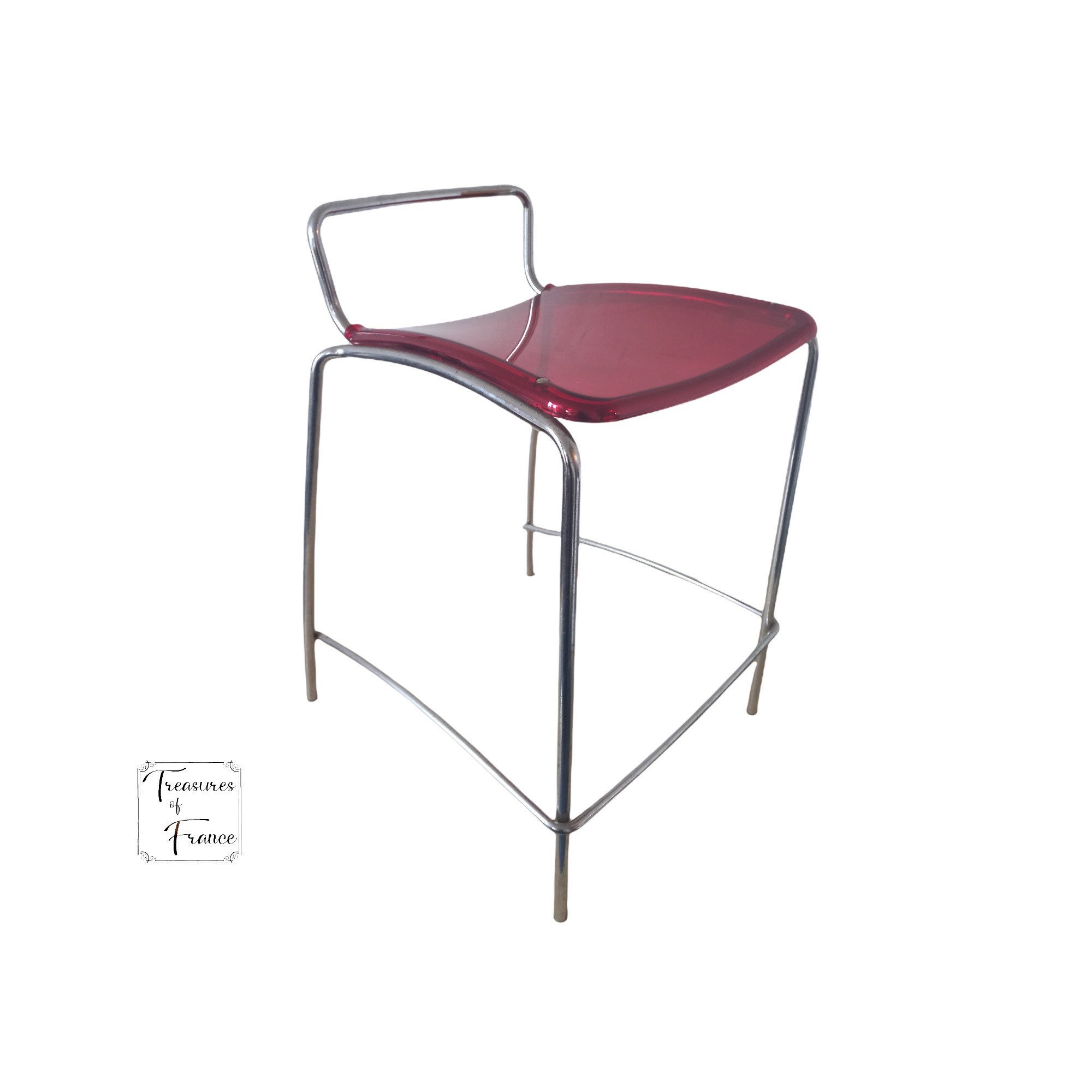 Vintage Italian Area Déclic Red Chair Tabouret Plexiglas Siège en Acier Inoxydable Cadre Design Mode