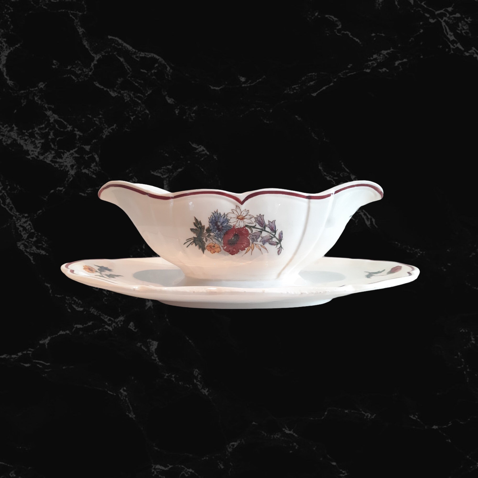 Vintage Français Sauce Boat Digoin Sarreguemines Gravy & Saucer Serving Dish Bowl Saucière Agreste D