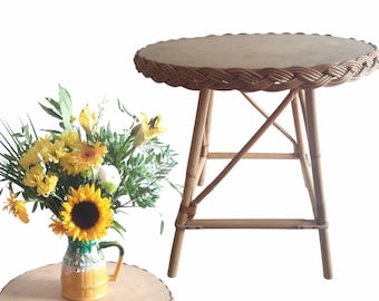 Vintage French Round Bamboo / Cane / Wood Table With Vinyl Covered Wooden Top Side Bedside Display Table Boho Retro Decor Circa 1980&#39;s